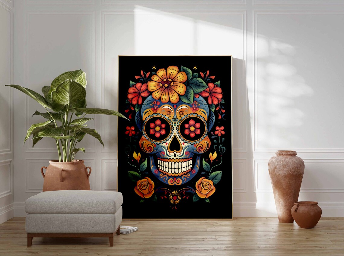 Day of Dead Blue Sugar Skull Pink Flowers Roses Flat Black Poster - Image 3