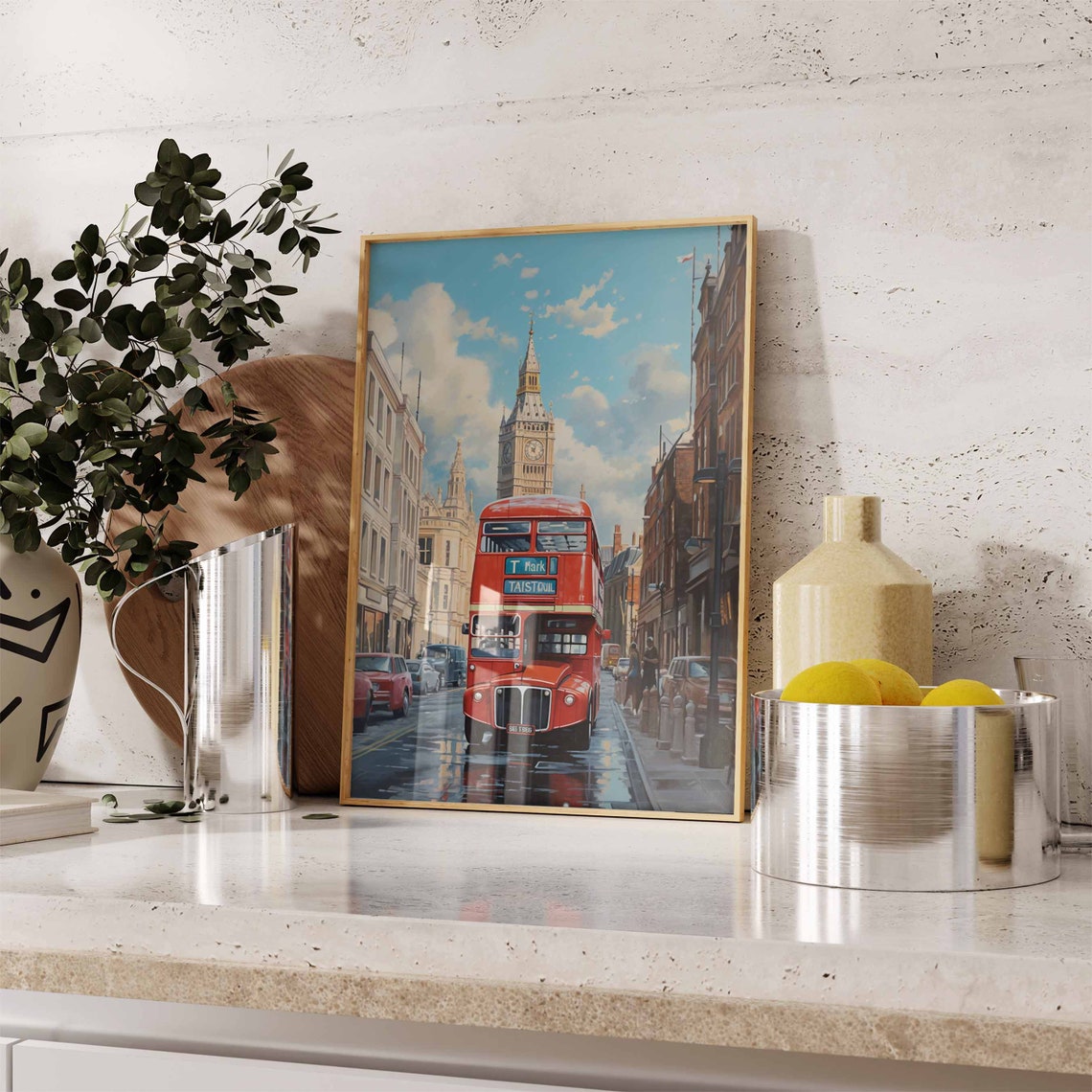 London Red Double Decker Bus Big Ben Sunny Street Oil Painting Print - Image 2