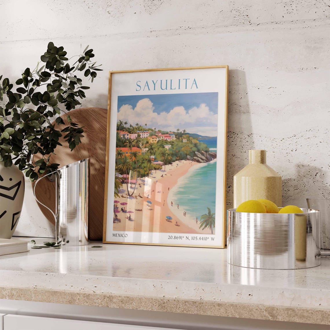 Sayulita Mexico Beach Palm Umbrellas Hillside Village Poster - Image 3