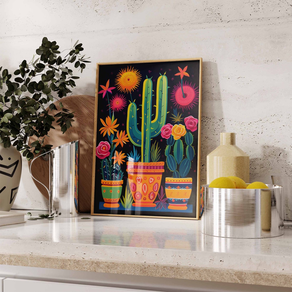 Neon Mexican Potted Cactus Trio Folk Art Poster Design on Black - Image 2