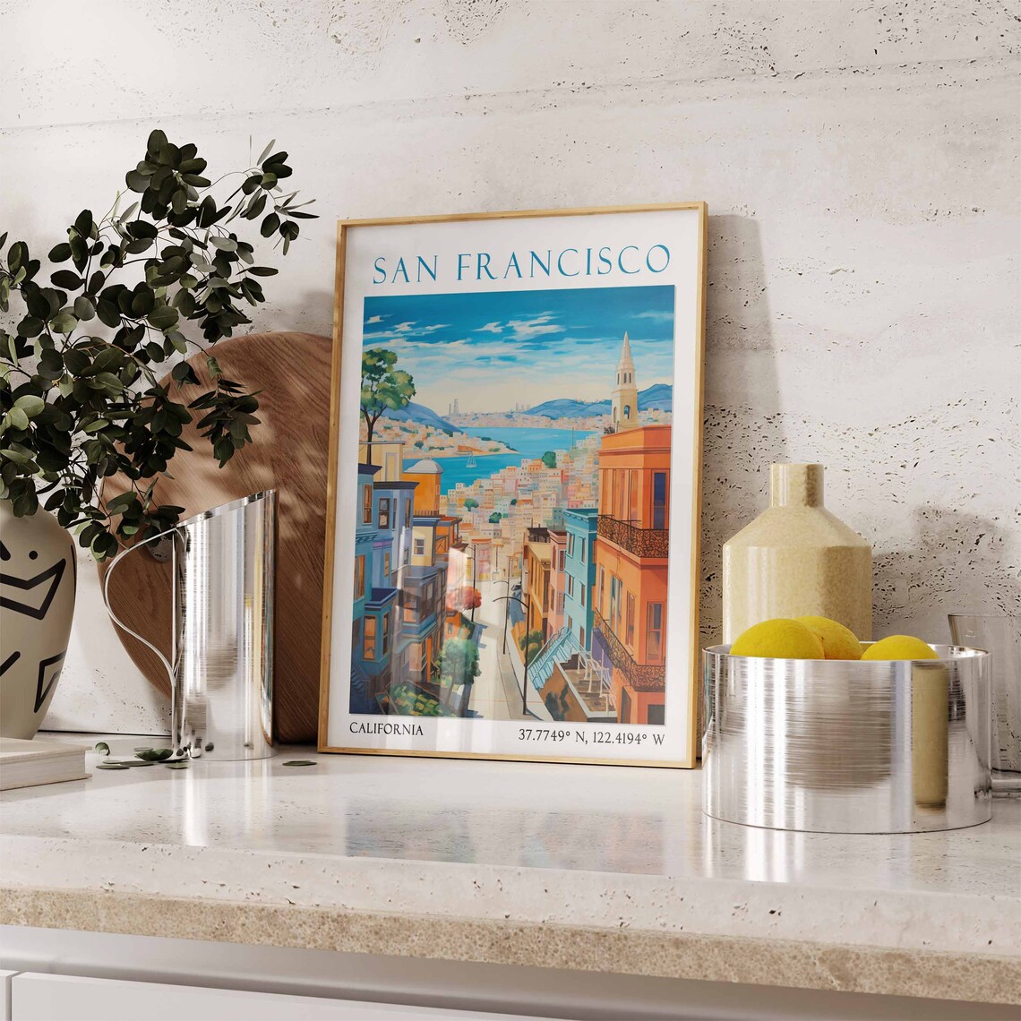 San Francisco Steep Street Bay Church Tower Watercolor Travel Poster - Image 3