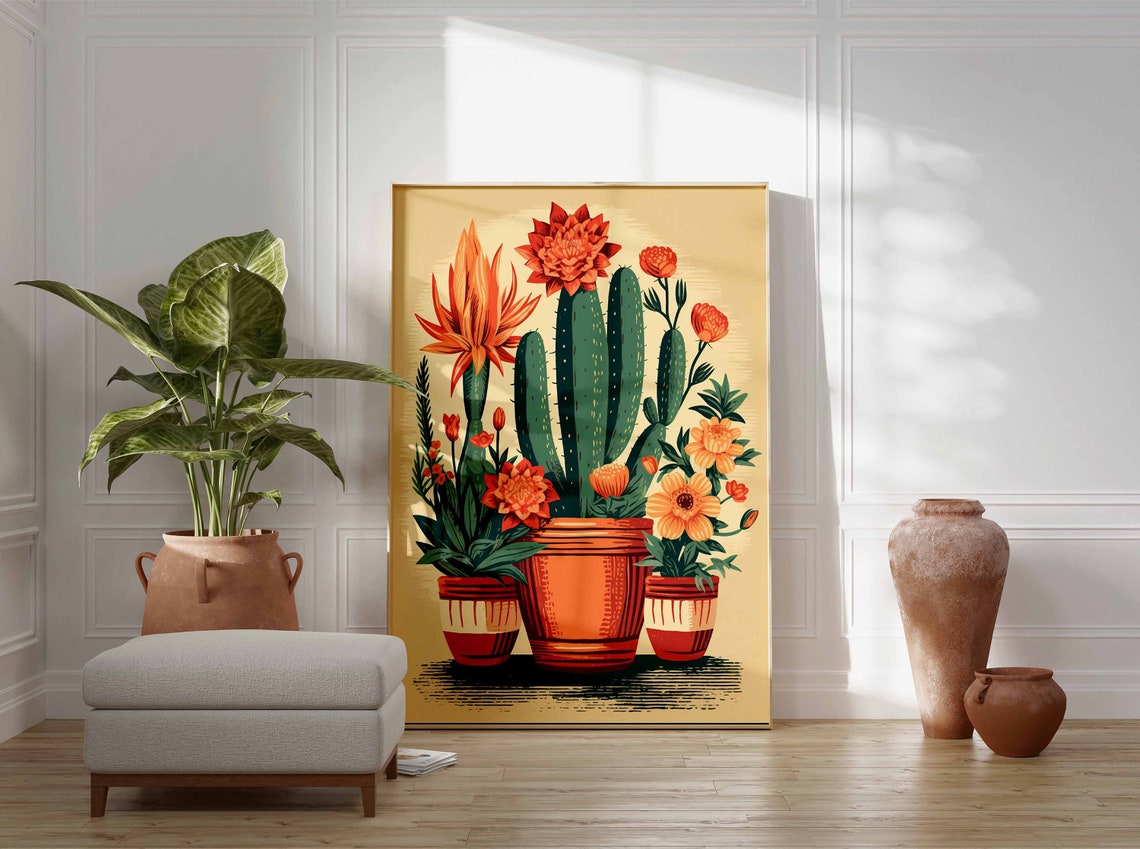 Tall Blooming Cactus Terracotta Pots Retro Mexican Botanical Print - Image 3