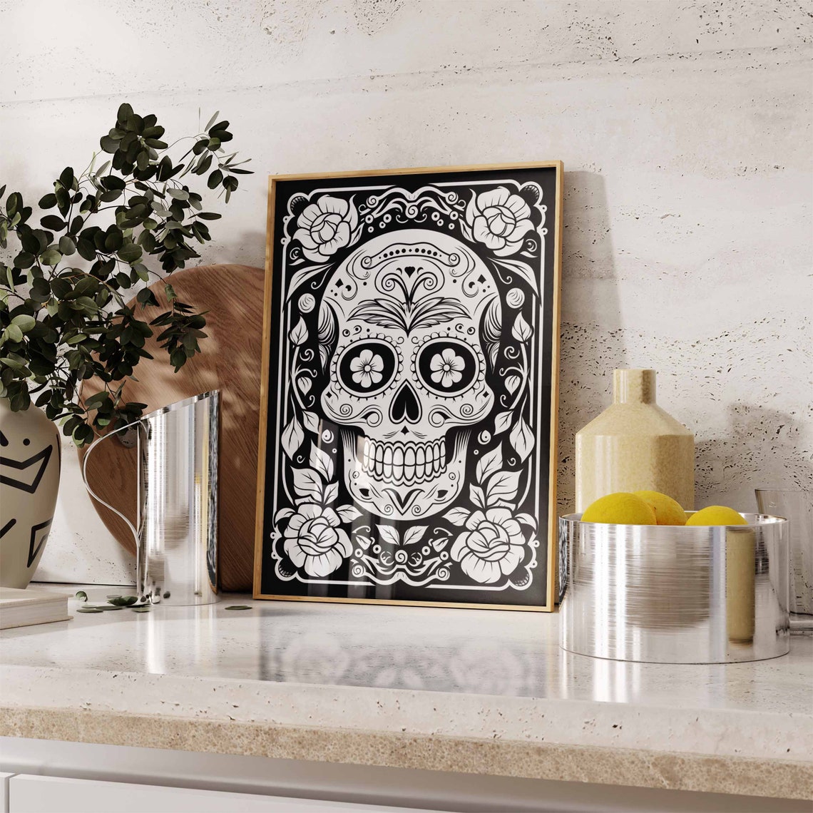 Black and White Sugar Skull Ornate Frame Roses Linocut Poster - Image 2