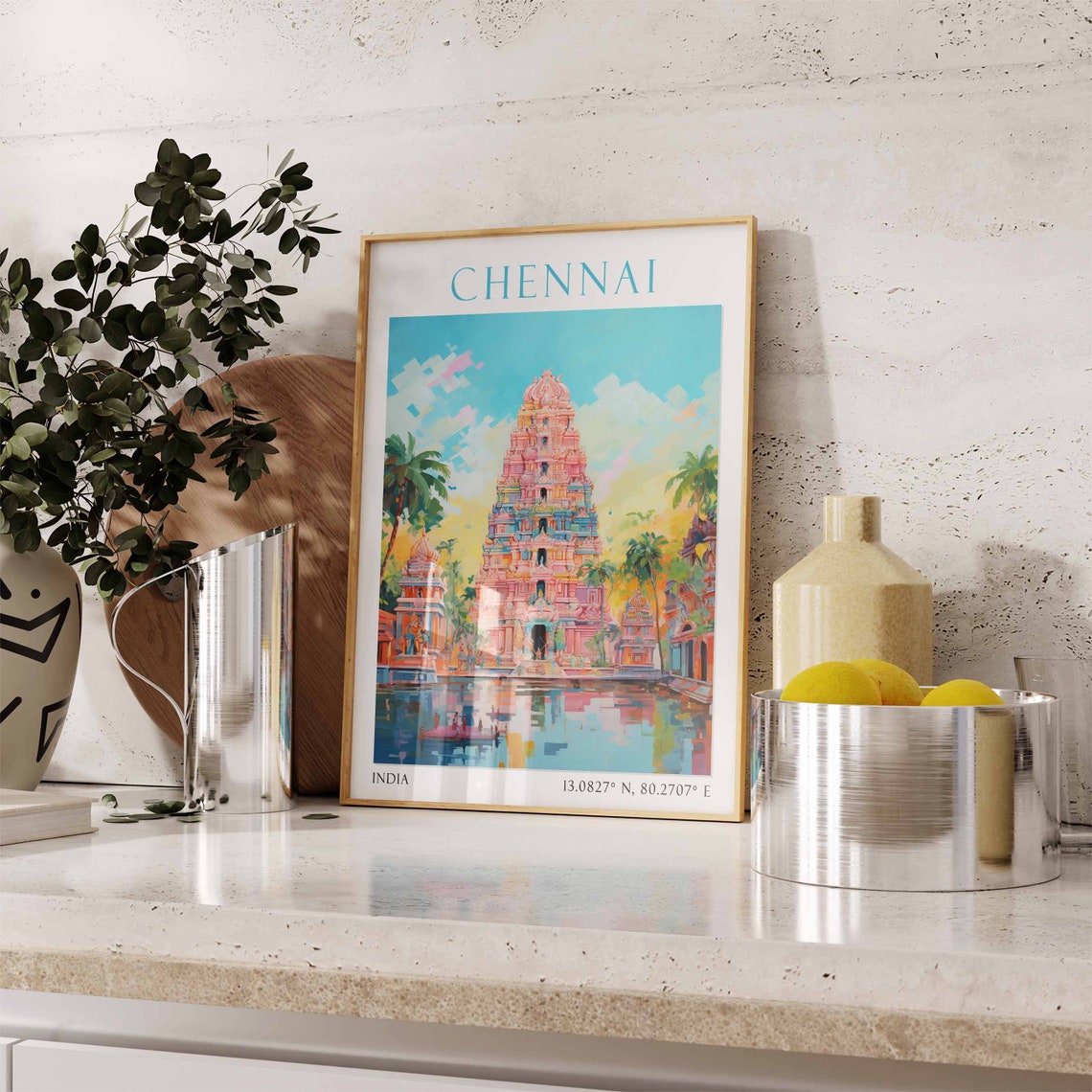 Chennai India Colorful Hindu Temple Tower with Palm Trees Poster - Image 2