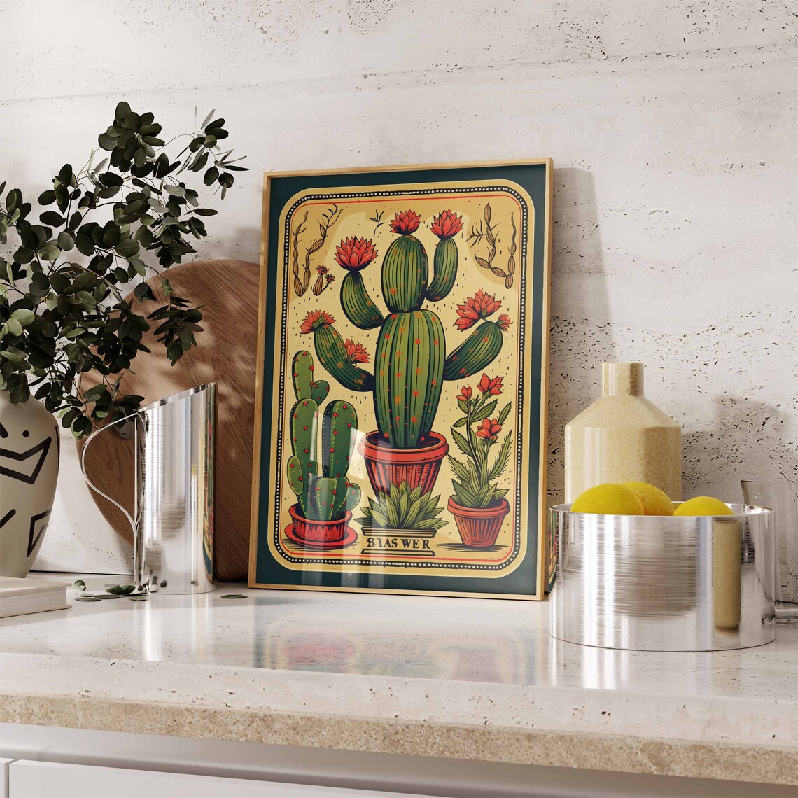 Mexican Folk Loteria Potted Cacti Red Blooms Vintage Card Poster - Image 2