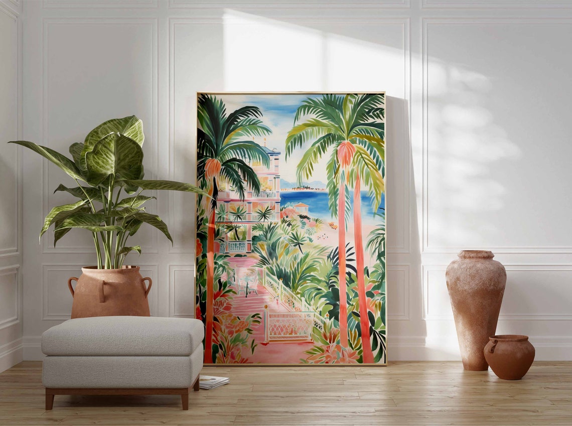 Beautiful Pink Seaside Villa Palm Tree Ocean View Day Poster - Image 3