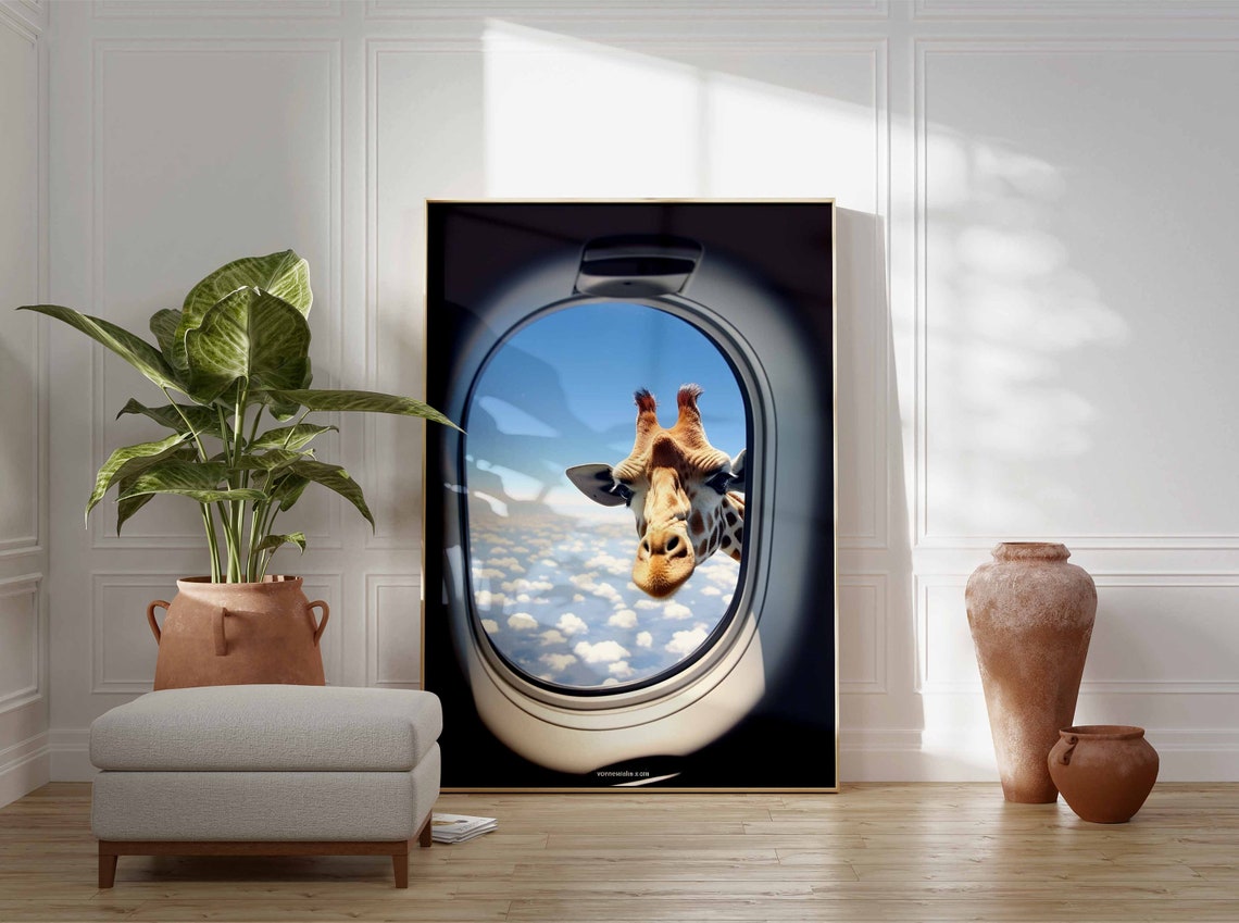 Giraffe Peeking Through an Airplane Window Above the Clouds Poster - Image 3