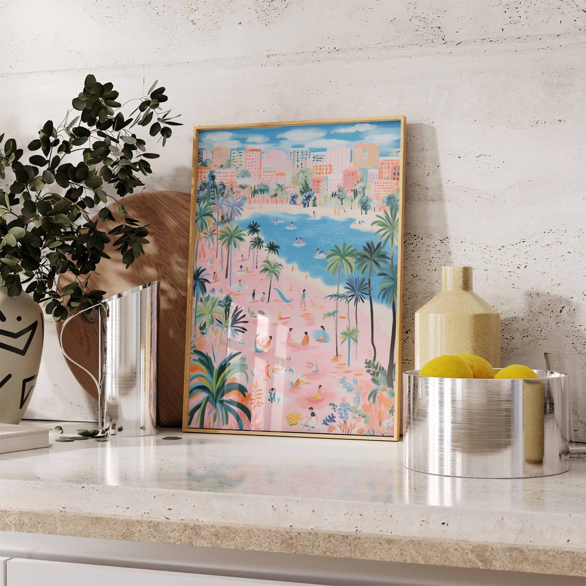 Pink City Beach with Palm Trees and High Rise Buildings Poster - Image 2