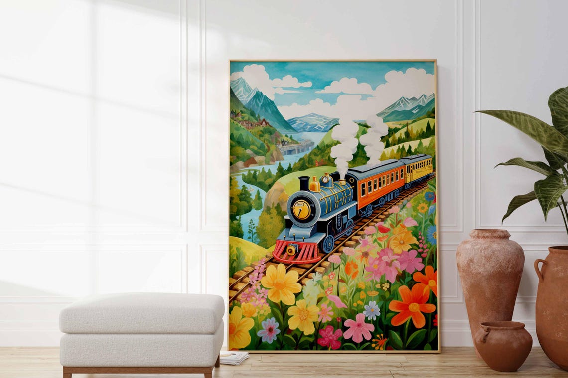 Blue Orange Steam Train Colorful Flower Meadow Valley Poster - Image 2