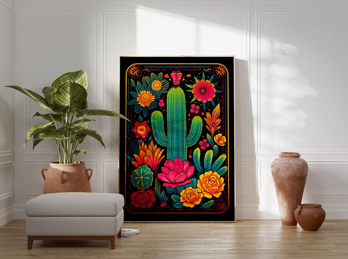Neon Folk Art Teal Saguaro Colorful Pink Orange Blooms Black Poster - Image 3