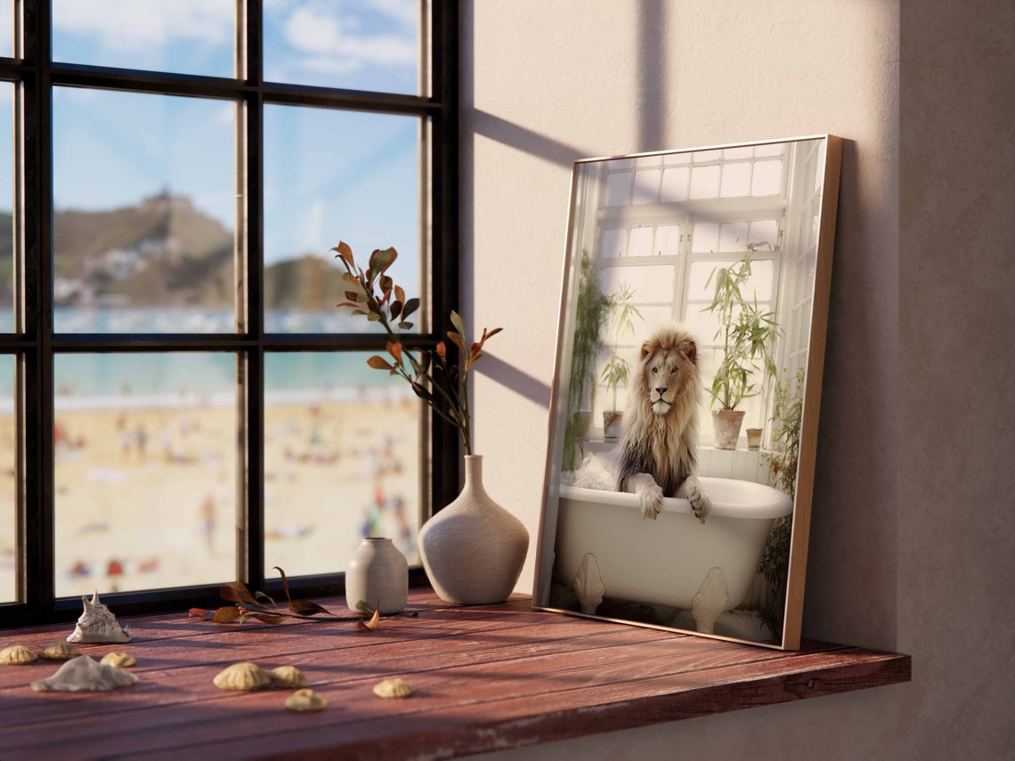 Lion Soaking In Bubbles Among Lush Conservatory Greenery Poster - Image 2