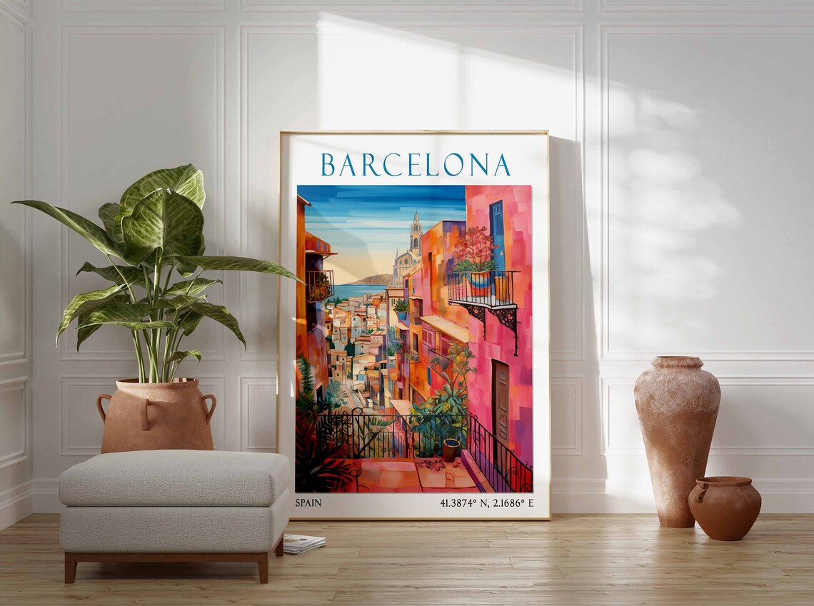 Barcelona Street with Pink Buildings and Church Spire Poster - Image 2