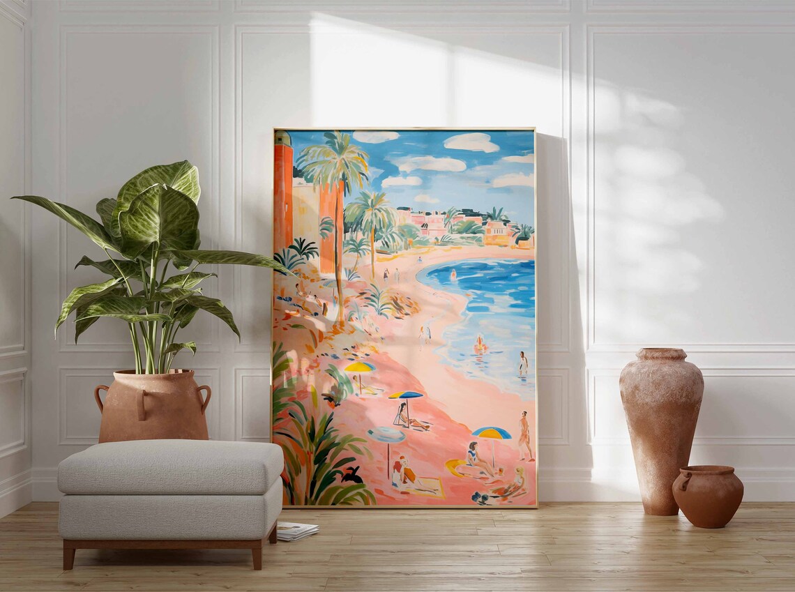 Curved Pink Sand Beach Palm Day Pastel Building Scene Poster - Image 3