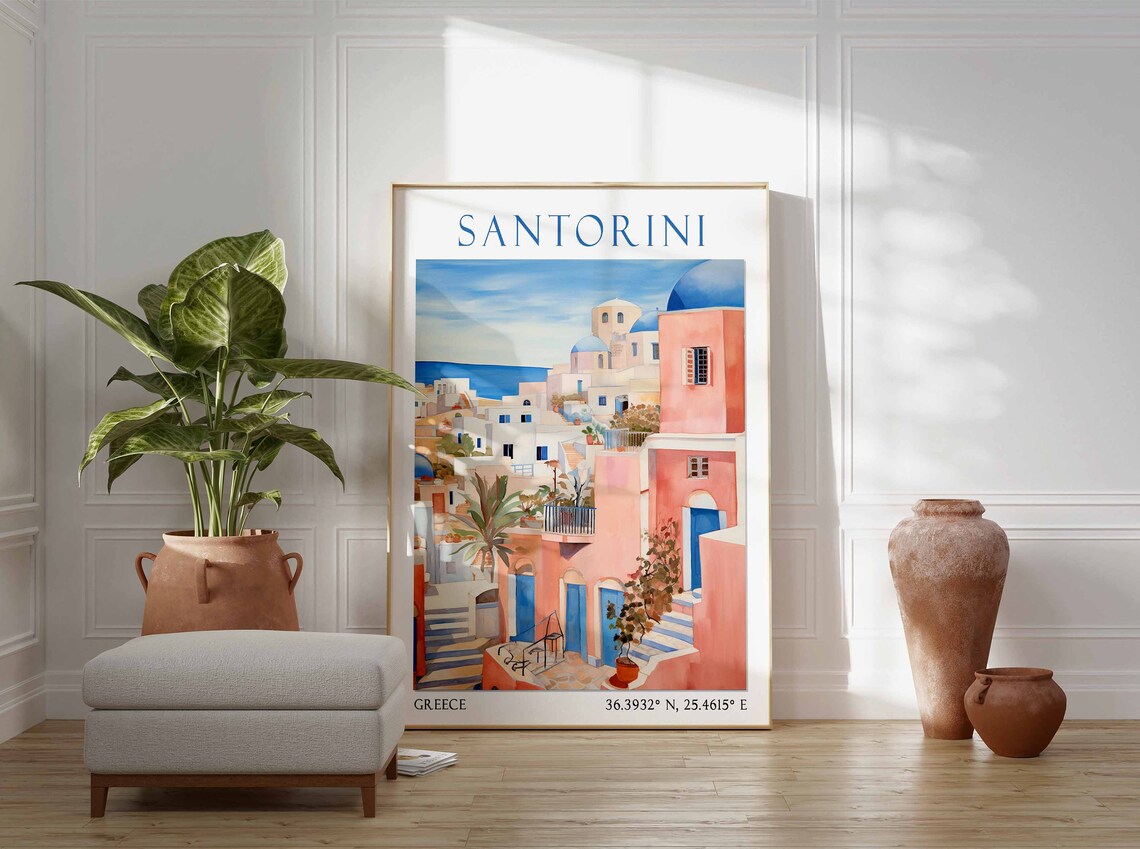 Santorini Pink Village Blue Domes Sea View Watercolor Travel Poster - Image 2