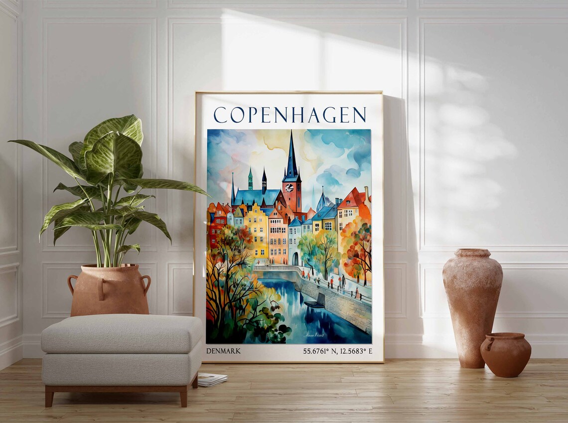 Copenhagen Canal and Church Spires in Watercolor Travel Poster - Image 2