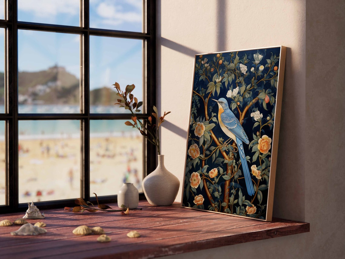 Bluebird Perched On A Blossoming Branch In A Night Garden Poster - Image 2