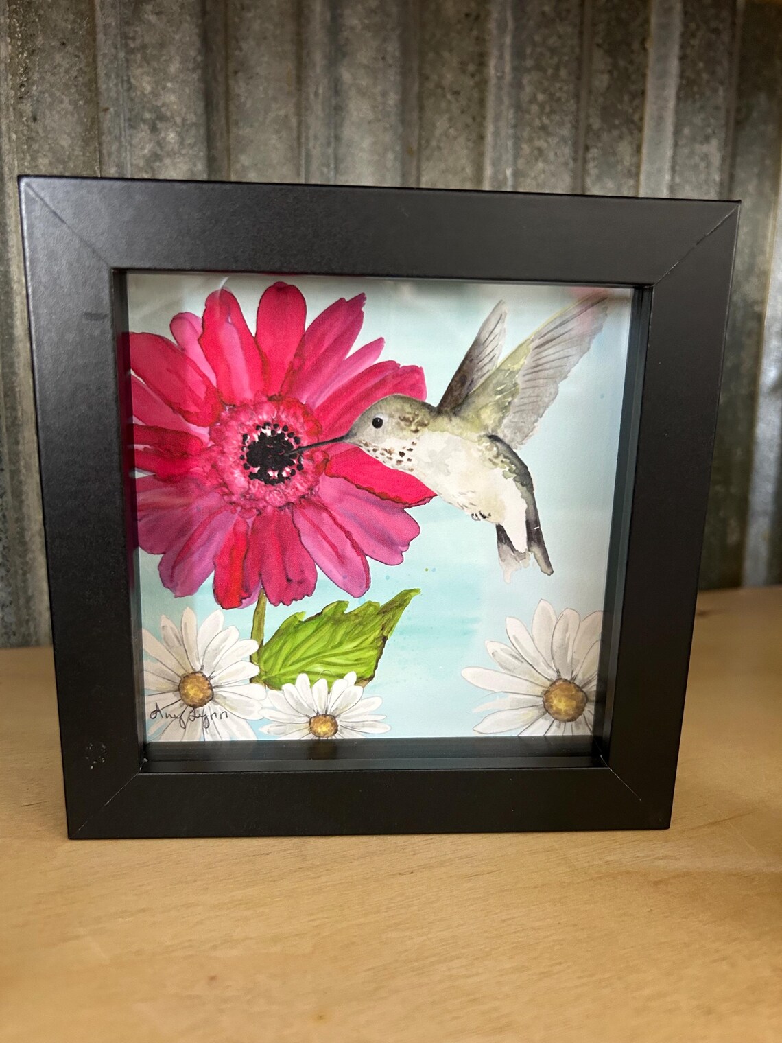 Hummingbird and Pink Zinnia Flower Watercolor Garden Art Poster