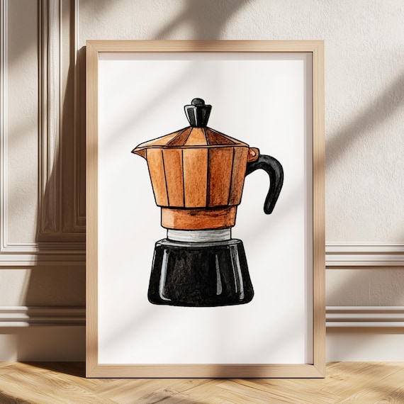 Italian Moka Pot Watercolor Kitchen Print With Espresso Maker Artwork
