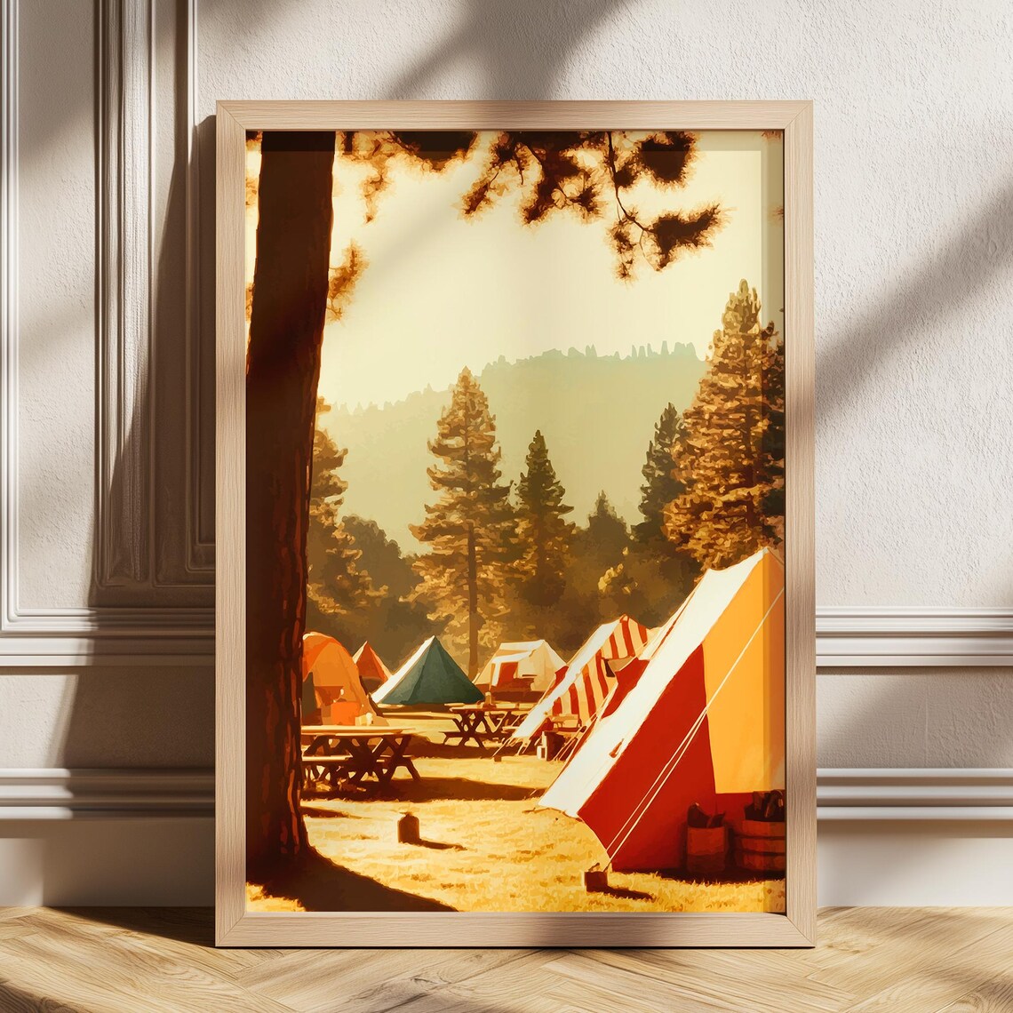 Retro Camping Tents Golden Forest Vintage Outdoor Adventure Poster