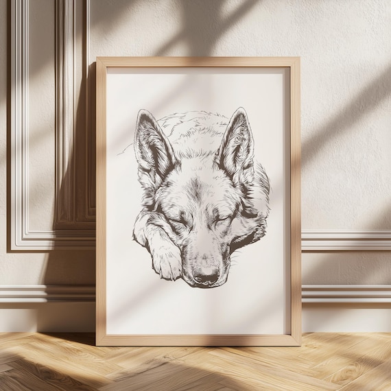 German Shepherd Sleeping Print Dog Lover Gift Vintage Wall Art Antique Painting Illustration