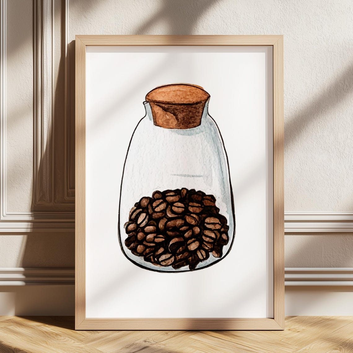 Coffee Beans In Corked Glass Jar Watercolor Kitchen Decor Poster