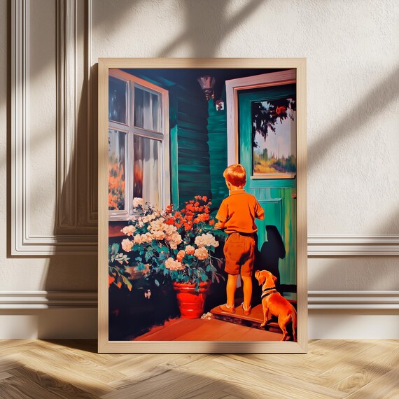 Nostalgic Art Vintage Painting Boy And Dog Autumn Scene Retro Illustration Childhood Memories Golden Retriever Cozy Home Decor