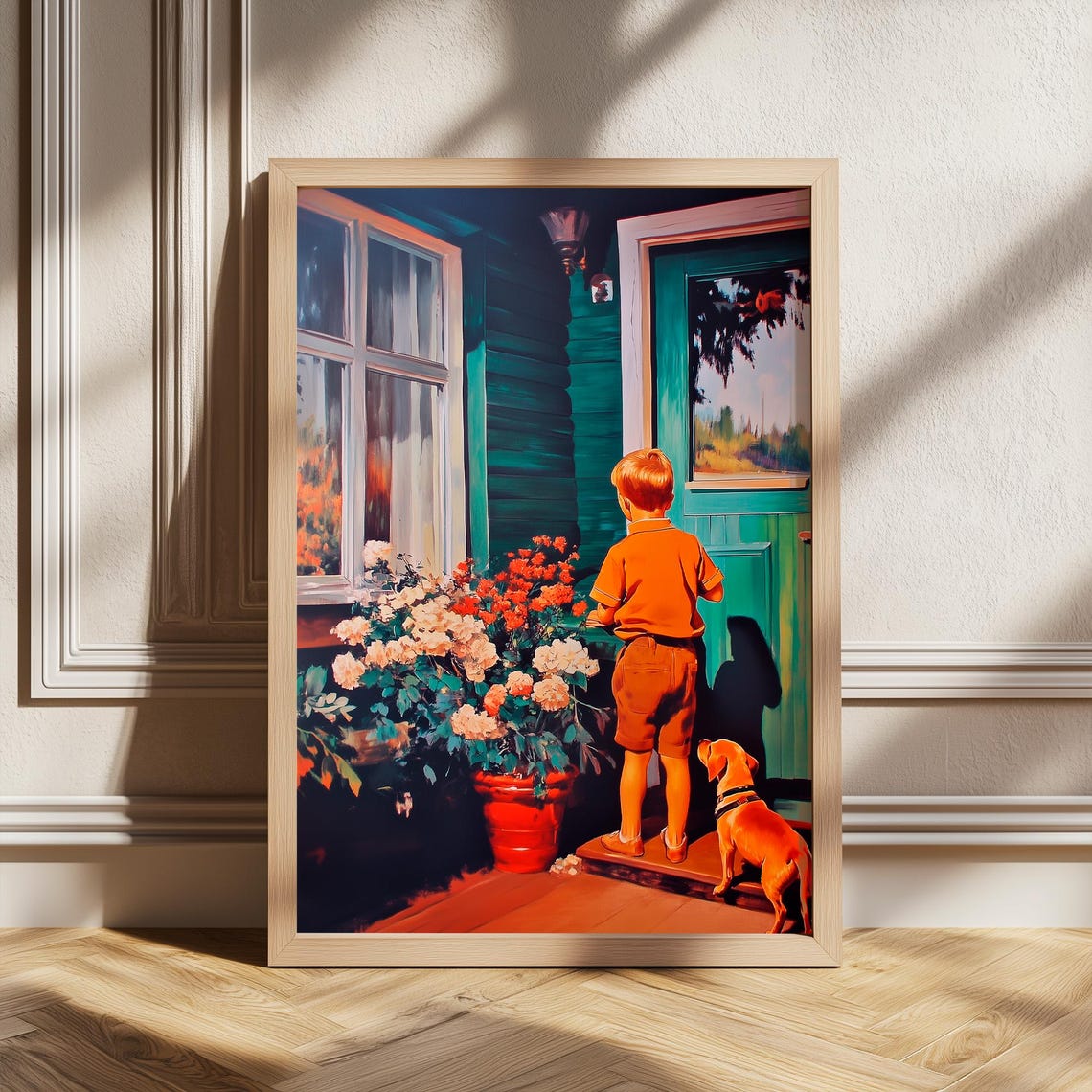 Boy and Dog on a Flower-Filled Porch Nostalgic Childhood Poster