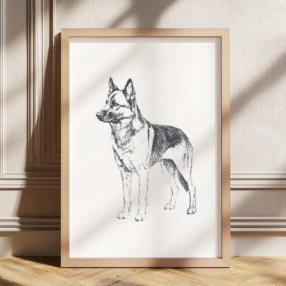 German Shepherd Poster Farmhouse Print Dog Wall Art Antique Vintage Drawing Country Illustration