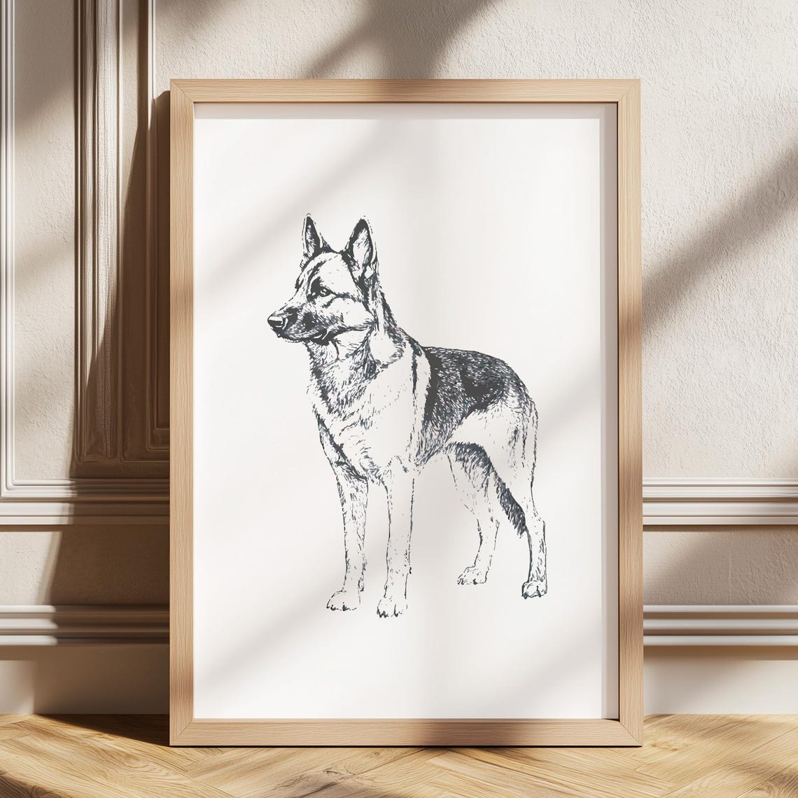 German Shepherd Standing Sketch Black and White Dog Breed Poster