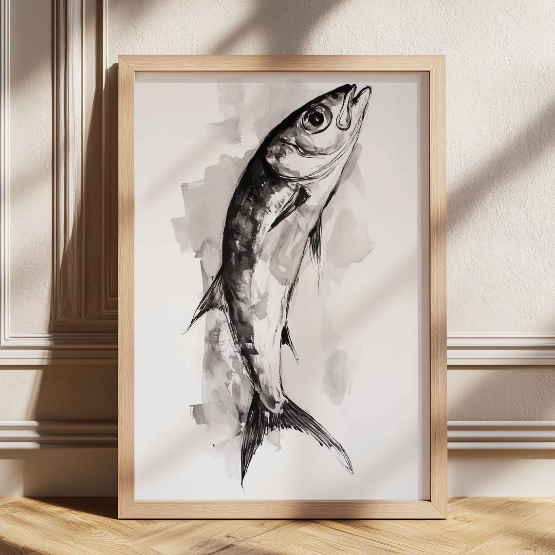 Black Ink Sardine Fish Watercolor Sketch Coastal Wall Poster