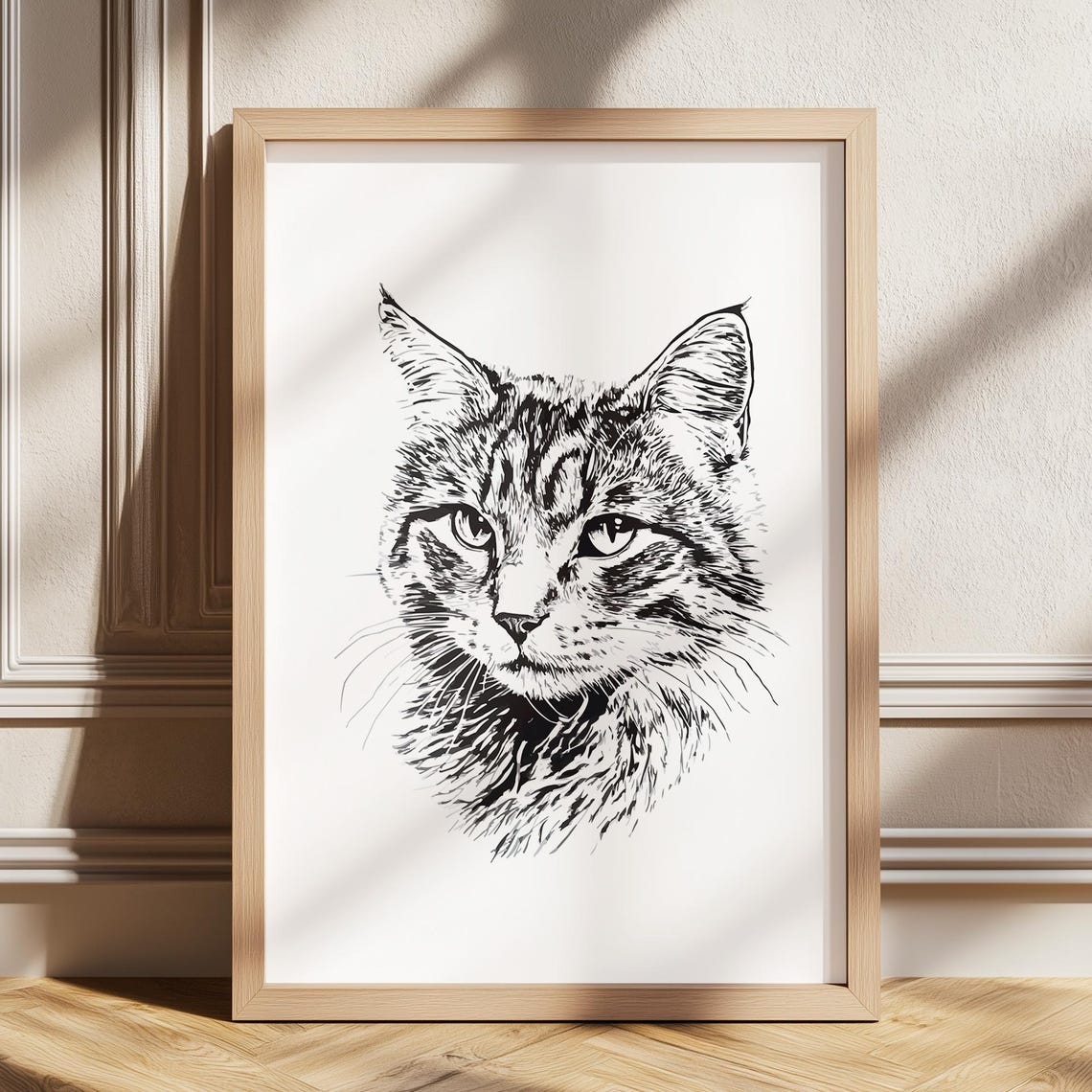 Cat Face Front View Ink Sketch Bold Black and White Feline Poster