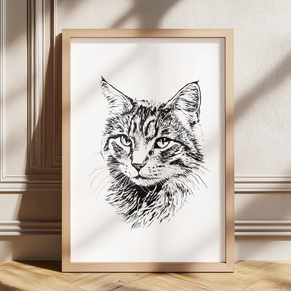 Cat Face Front View Ink Sketch Bold Black and White Feline Poster