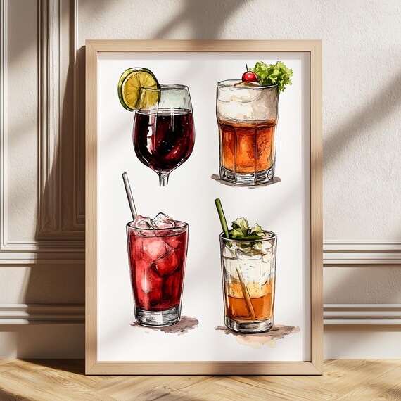 Four Mixed Drinks Watercolor Sketch Art Poster for Kitchen and Bar