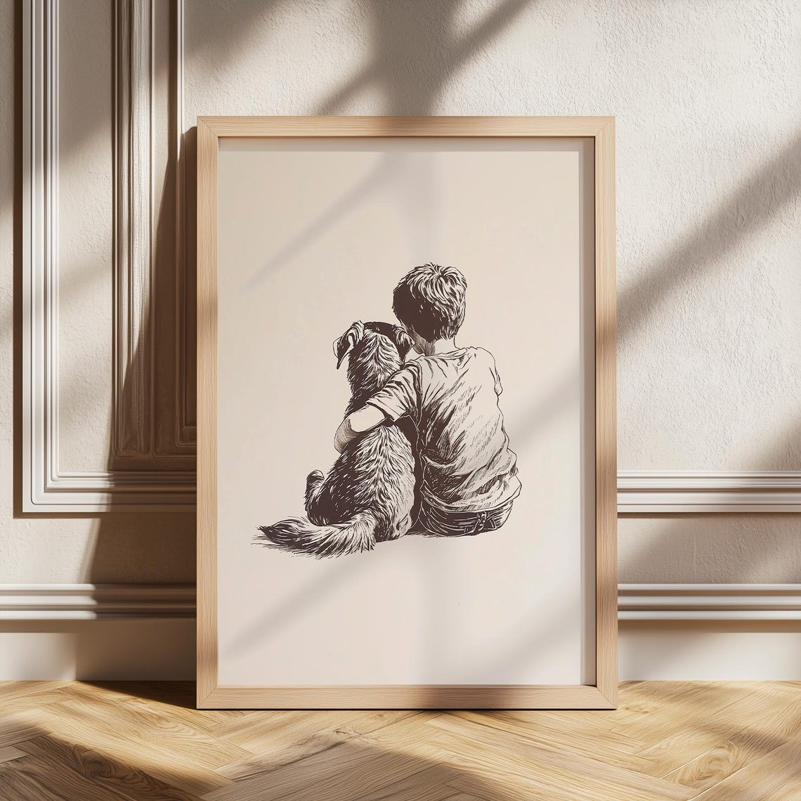 Boy Hugging Dog Vintage Sketch Heartwarming Pet Drawing Poster