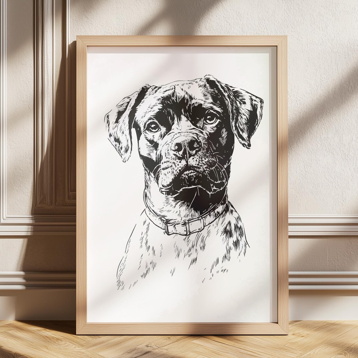 Boxer Dog Line Art Portrait Detailed Black and White Canine Poster