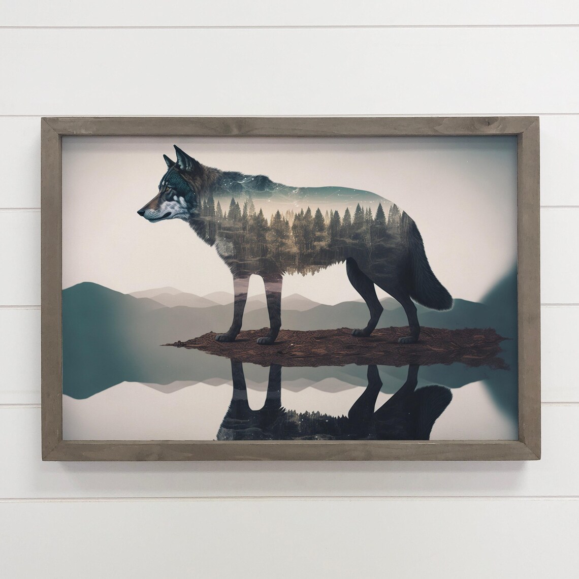 Affordable Printed Cool Wolf Framed Art Trees Double Exposure Wood Wildlife Canvas