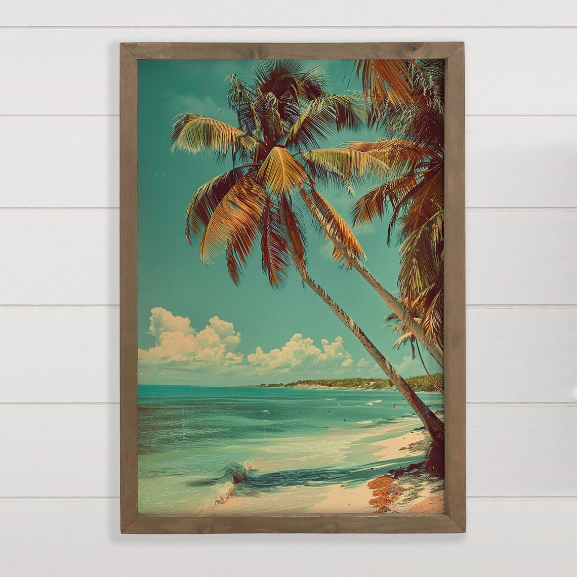 Vintage Tropical Beach Palm Trees Over Turquoise Ocean Poster