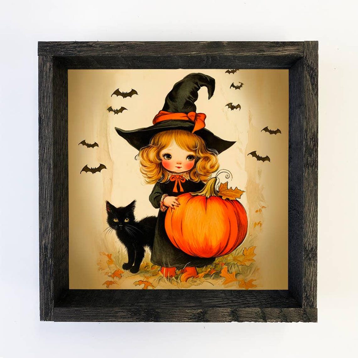 Vintage Witch Girl Pumpkin And Cat Halloween Canvas Art