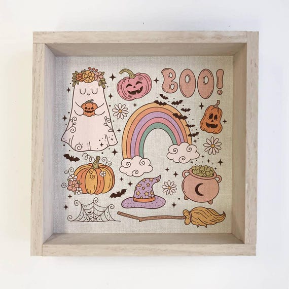 Retro Boo Halloween Framed Wall Art Canvas Ghostie Cute Girly