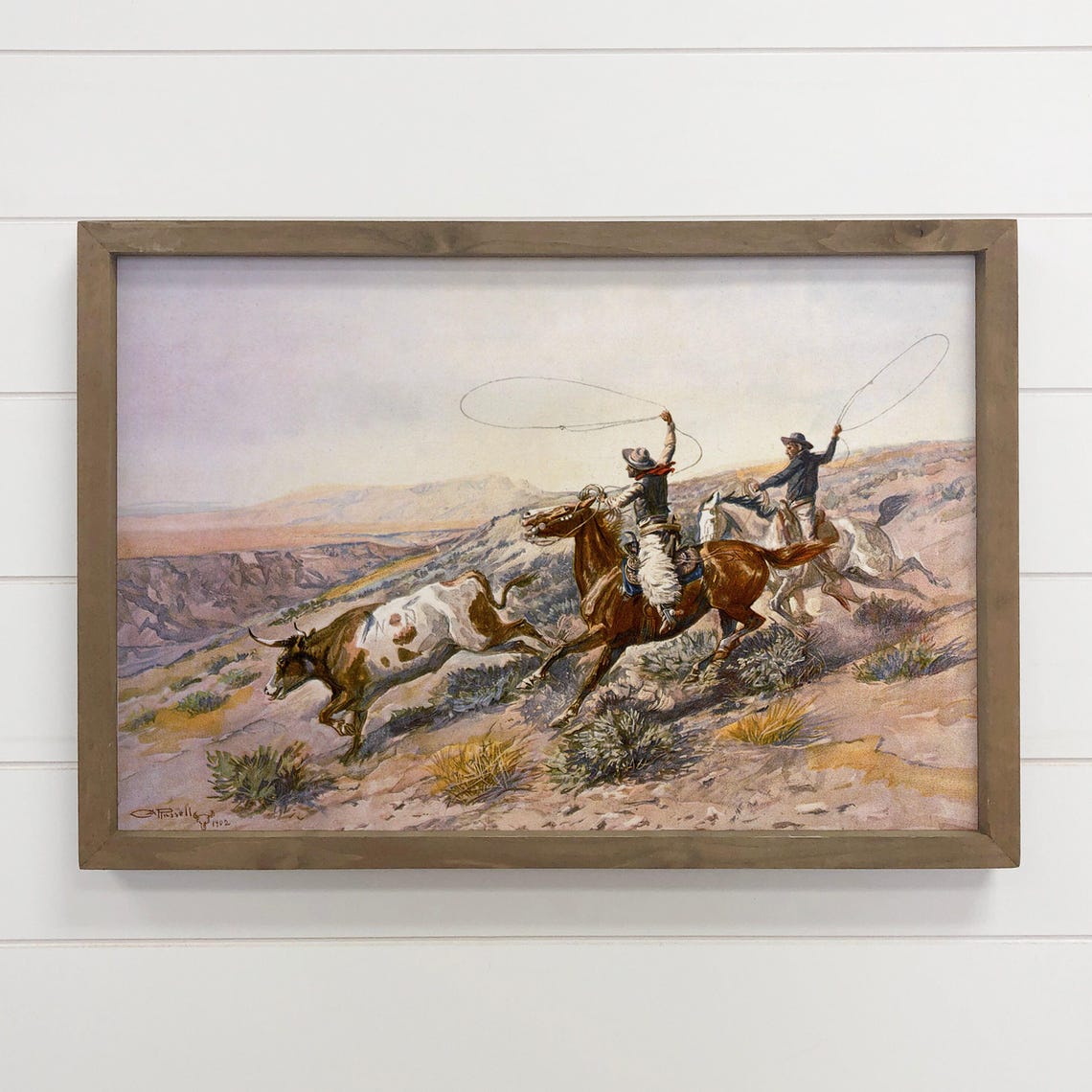 Two Cowboys Roping Longhorn Steer Vintage Western Art Poster