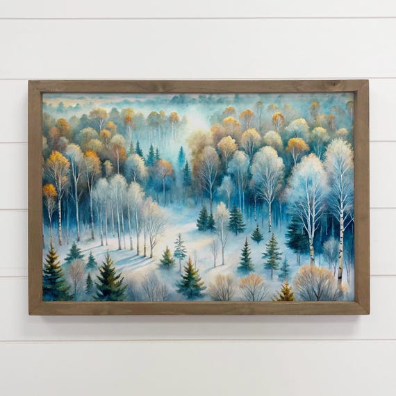 Blue Winter Pine Tree Painting Aerial Forest Nature Canvas Art