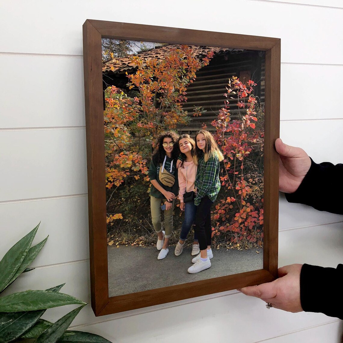 Personalized Family Photo Canvas Fall Leaves Real Wood Frame Poster
