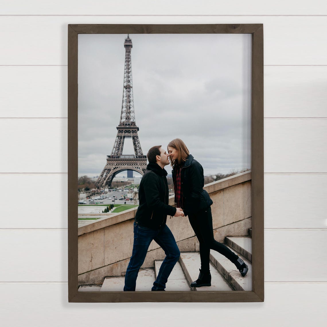 Romantic Couple Kissing Before Eiffel Tower Paris Photo Art Poster