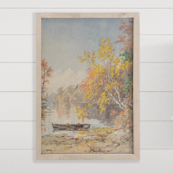 Autumn Lake Landscape Vintage Watercolor Fall Trees Boat Poster