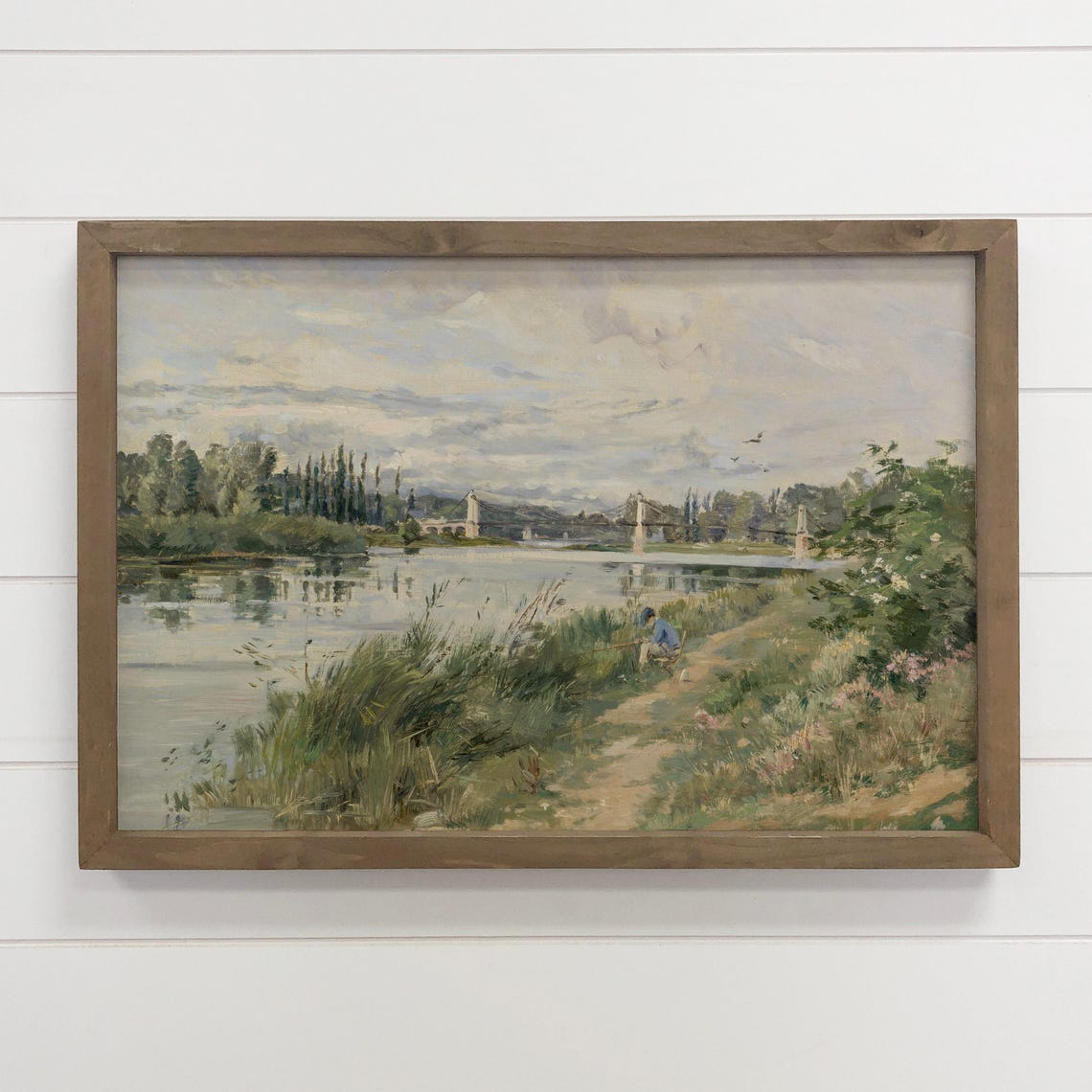 Young Fisherman on Quiet River Bank Impressionist Landscape Poster