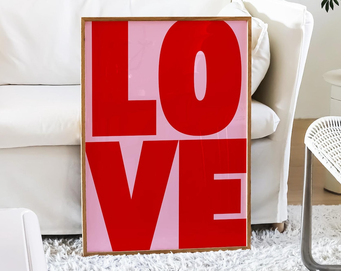 Bold Red Love Letters On Pink Retro Typography Love Quote Poster