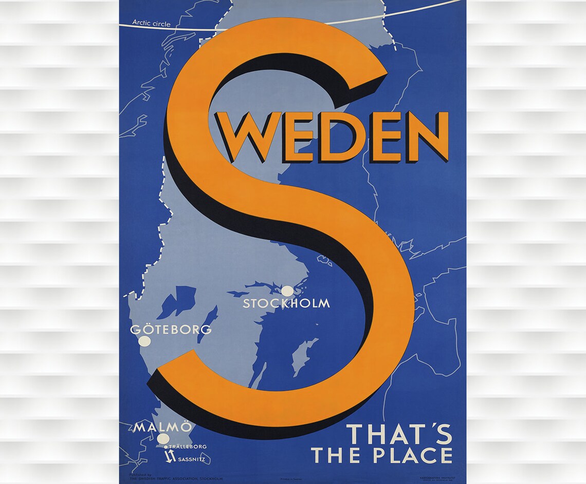 Sweden That's The Place Map Vintage Scandinavian Travel Poster