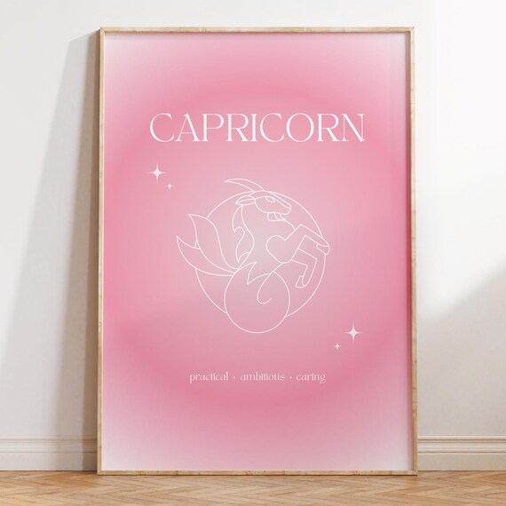 Capricorn Zodiac Sea Goat Pink Gradient Aura Line Art Poster