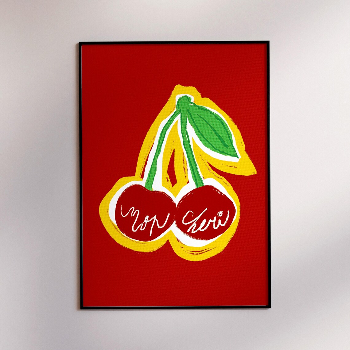 Mon Cherie Retro Cherry Pop Art Red French Quote Wall Poster