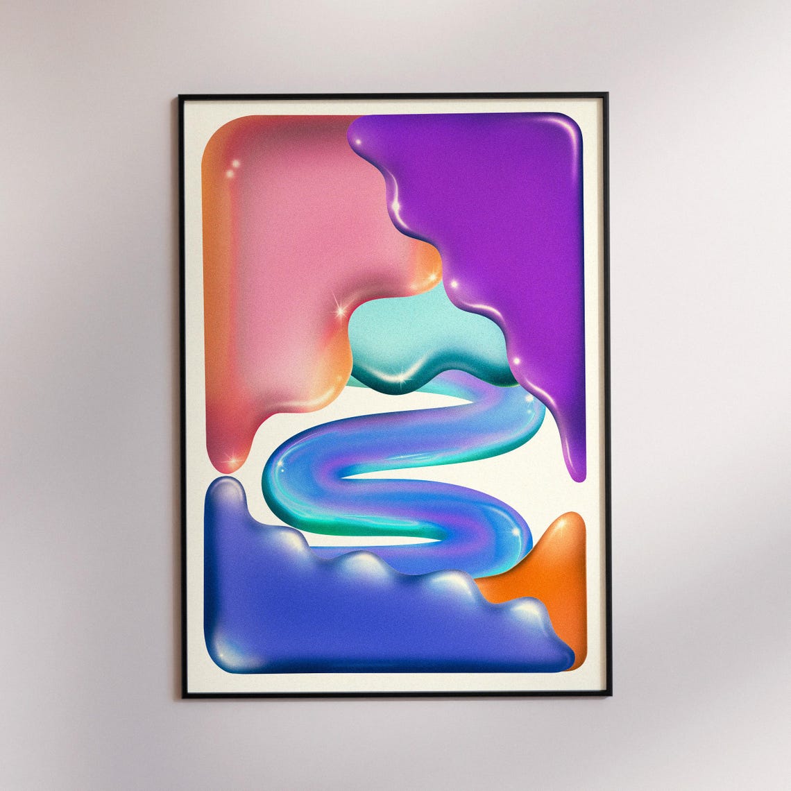 Retro Liquid Color Blobs in Purple Pink Blue Abstract Poster